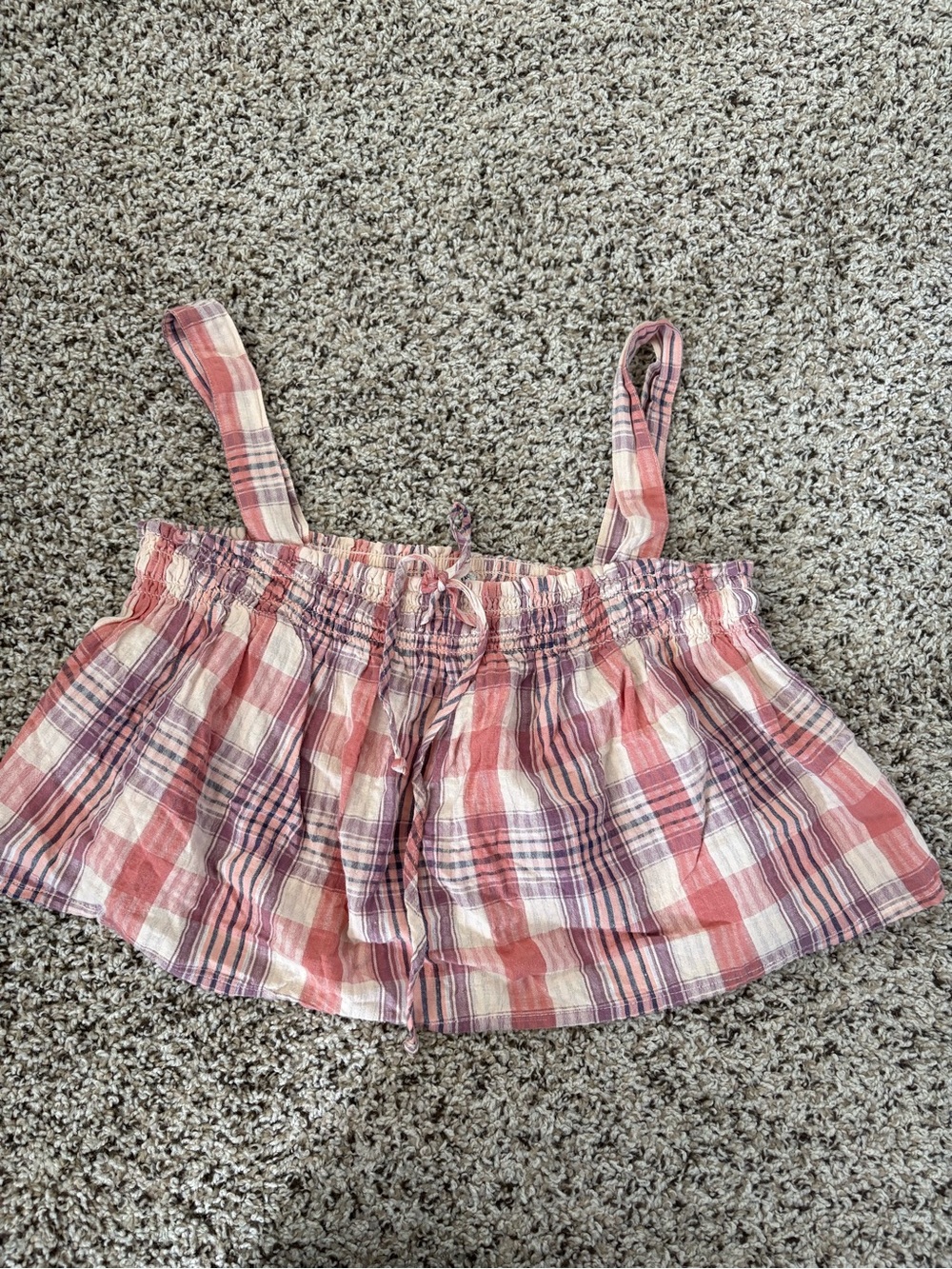 American Eagle Outfitters Pink and Cream Striped Smocked Crop Tank